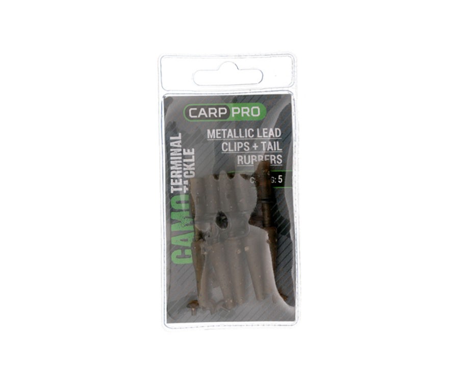 Saugūs klipsai su fiksatoriais Carp Pro Metallic Lead Clips + Tail Rubbers Camo